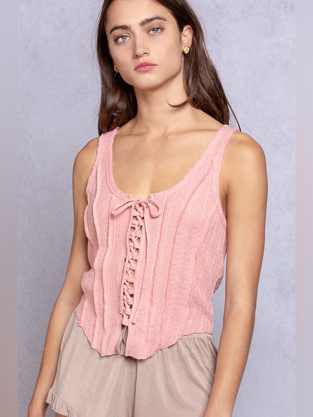 NWOT POL Pink Lace-Up Ribbed Tank Top - Picture 2 of 9